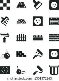 Solid Black Vector Icon Set - paint roller vector, brickwork, brick wall, big core, new, power socket type b, f, tile, putty knife, spatula, hedge, paving slab, pavement, calendar, black clock