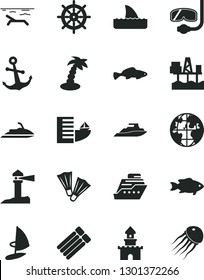 Solid Black Vector Icon Set - anchor vector, small fish, commercial seaport, coastal lighthouse, planet, sand castle, hotel, beach, palm tree, flippers, diving mask, handwheel, jet ski, cruiser