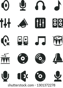 Solid Black Vector Icon Set - bell vector, desktop microphone, horn, loudspeaker, silent mode, drumroll, drum, CD, regulator, no sound, headphones, pc speaker, note, settings