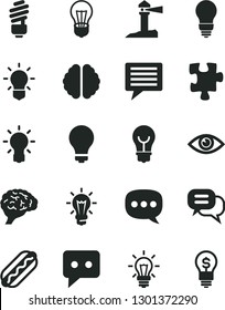 Solid Black Vector Icon Set - image of thought vector, matte light bulb, Puzzle, saving, eye, Hot Dog, coastal lighthouse, think, speech, brain, dialog, idea