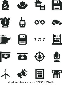 Solid Black Vector Icon Set - desktop microphone vector, floppy disk, hat, camera roll, new abacus, toy mobile phone, estimate, alarm clock, windmill, retro car, vintage sign, man in sight, glasses