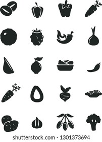 Solid Black Vector Icon Set - stick of sausage vector, slices onion, lettuce in a plate, cabbage, chili, peper, garlic, carrot, coffee beans, quince, blackberry, goji berry, ripe pepper, red, potato