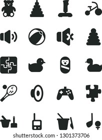 Solid Black Vector Icon Set - loudspeaker vector, rubber duck, baby duckling, bath ball, stacking rings, toy, roly poly doll, phone, sand set, children's, small teddy bear, tricycle, Puzzle, Puzzles