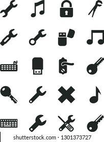 Solid Black Vector Icon Set - repair key vector, cross, small tools, adjustable wrench, door knob, lock, music, steel, keyboard, usb flash, note
