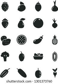 Solid Black Vector Icon Set - lettuce in a plate vector, cucumber, beet, pineapple, pear, raspberry, tasty, mulberry, passion fruit, sweet date, yellow lemon, half of, tamarillo, grapefruit, onion