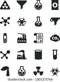 Solid Black Vector Icon Set - round flask vector, manufacture, factory, oil, barrel, industrial building, carbon dyoxide, filter, water, research article, test tube, molecule, nuclear, biohazard