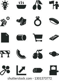 Solid Black Vector Icon Set - clean sheet of paper vector, growth chart, baby rattle, Knitted Socks, traffic signal, planet, sausage, hot porridge, japanese sushi, cornels, tasty, slice melon, pipe