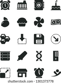 Solid Black Vector Icon Set - floppy disk vector, alarm clock, chest of drawers, cake, address book, expand picture, move down, right bottom arrow, honeycombs, yellow lemon, fan screw, kiosk, dna