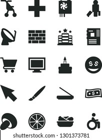 Solid Black Vector Icon Set - tassel vector, monitor window, plus, sitting stroller, brickwork, cart, porcini, birthday cake, lettuce in a plate, slice of lemon, satellite dish, pc power supply