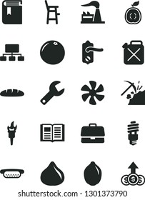 Solid Black Vector Icon Set - Repair Key Vector, Book, A Chair For Feeding Child, Door Knob, Loaf, Mini Hot Dog, Fig, Lime, Half Of Guawa, Grapefruit, Marine Propeller, Coal Mining, Factory, Scheme