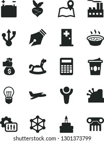 Solid Black Vector Icon Set - rocking horse vector, birthday cake, porridge in a saucepan, coffe to go, beet, accumulator, bulb, industrial building, cashbox, usb, settings, calculator, 3d cube, map