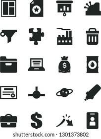 Solid Black Vector Icon Set - laptop vector, dollar, Puzzle, window, folder, oil, industrial building, portfolio, water filter, a crisis, text highlighter, dollars, cashbox, presentation, connect