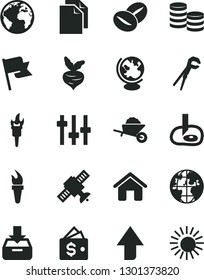 Solid Black Vector Icon Set - sign of the planet vector, upward direction, clean paper, house, garden trolley, adjustable wrench, flag, put in a box, coffee beans, beet, coins, settings, satellite