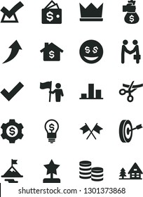 Solid Black Vector Icon Set - check mark vector, coins, chart, star reward, motivation, man hold flag, purpose, money bag hand, cross flags, arrow up, confirm, mortgage, dollar gear, wallet, idea
