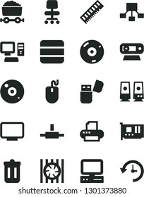 Solid Black Vector Icon Set - trolley with coal vector, hierarchical scheme, computer, radiator fan, mouse, memory, pc card, monitor, web camera, cd, printer, usb flash, speaker, connect, trash bin