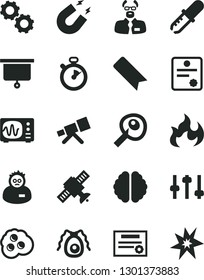 Solid Black Vector Icon Set - bookmark vector, omelette, telescope, brain, gears, settings, satellite, bactery, pipette, oscilloscope, magnet, flame, scientist, artifical insimination, stopwatch
