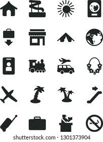 Solid Black Vector Icon Set - earth vector, plane, train, escalator, suitcase, passort control, passport, rolling case, getting baggage, boungalow, tent, sun, palm tree, hawaii wreath, aquapark