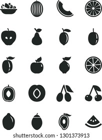 Solid Black Vector Icon Set - a plate of fruit vector, pear, cherry, quince, apricot, tasty apple, plum, cornels, melon, slice, half mango, delicious, ripe, passion, lemon, lime, tamarillo, orange