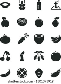 Solid Black Vector Icon Set - feeding bottle vector, temperature, a plate of milk, tomato, strawberry, mint, cherry, peach, apple, quince, goji berry, tasty plum, juicy lemon, banana, bananas, stub