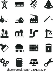 Solid Black Vector Icon Set - brickwork vector, big core, putty knife, spatula, sea port, charging battery, solar panel, water pipes, barrel, hydroelectricity, power line, industrial building, gears