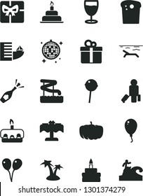 Solid Black Vector Icon Set - colored air balloons vector, balloon, birthday cake, gift, Easter, torte, Chupa Chups, glass, pumpkin, giftbox, champagne, passenger, hotel, beach, palm tree, aquapark
