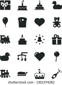 Solid Black Vector Icon Set - heart symbol vector, toys over the cradle, rubber duck, baby duckling, teddy bear, toy train, children's, balloon, cake, birthday, gift, Easter, slice, torte, giftbox
