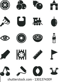 Solid Black Vector Icon Set - yardstick vector, pennant, bib, baby toy train, box of bricks, new roller, paint, eye, bottle soda, blueberries, cherry, half peach, passion fruit, juicy lemon, kiwi
