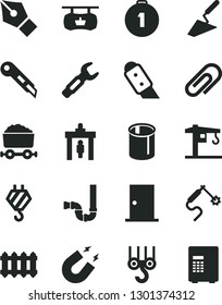 Solid Black Vector Icon Set - clip vector, crane, hook, winch, trowel, siphon, ntrance door, knife, stationery, new radiator, pipes, gas welding, steel repair key, trolley with coal, magnet, ink pen