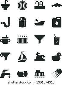 Solid Black Vector Icon Set - mug for feeding vector, baby duckling, children's bathroom, washbasin, siphon, faucet mixer, small fish, a glass of soda, water melon, hydroelectric station, pipe, pool