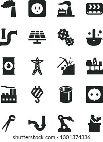 Solid Black Vector Icon Set - hook vector, adjustable wrench, sewerage, power socket type b, commercial seaport, solar panel, coal mining, water pipes, manufacture, factory, oil, line, gears