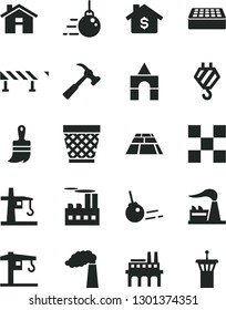 Solid Black Vector Icon Set - house vector, wicker pot, box of bricks, crane, hook, big core, wooden paint brush, tile, brick, paving slab, road fence, hammer with claw, manufacture, factory, tower