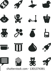 Solid Black Vector Icon Set - image of thought vector, baby rattle, duckling, tumbler, toy phone, children's potty, teddy bear, small, funny hairdo, yule, Kick scooter, peper, fried potato slices