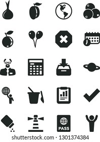 Solid Black Vector Icon Set - mark of injury vector, check, baby powder, children's sand set, colored air balloons, passport, put in a box, planet, blueberry, blueberries, ripe plum, onion, Earth