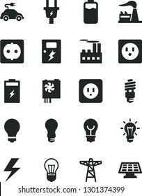 Solid Black Vector Icon Set - lightning vector, matte light bulb, power socket type b, dangers, charge level, charging battery, factory, pole, electric plug, industrial building, energy saving, car