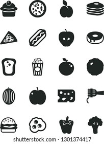 Solid Black Vector Icon Set - piece of cheese vector, pizza, Hot Dog, burger, noodles, muffin, cake with a hole, cabbage, peper, cup popcorn, omelette, apple, pancakes, sandwich, tasty, melon