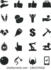 Solid Black Vector Icon Set - dollar vector, small rocking horse, hammer with claw, index finger, thumb up, fried vegetables on sticks, grill chicken leg, cabbage, half loquat, physalis, potato