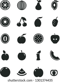 Solid Black Vector Icon Set - apple vector, pear, cherry, ripe peach, tasty, mulberry, water melon, slice of, half mango, loquat, plum, juicy lemon, kiwi, passion fruit, grapefruit, stub, tomato