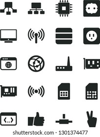 Solid Black Vector Icon Set - power socket type b vector, f, thumb up, screen, SIM card, scheme, hierarchical, cpu, pc, router, network, browser, connect, coding, wireless, big data, victory hand