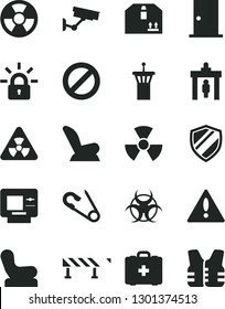 Solid Black Vector Icon Set - warning vector, prohibition, Baby chair, car child seat, open pin, medical bag, ntrance door, road fence, cardboard box, radiation hazard, encrypting, nuclear, atm