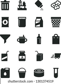 Solid Black Vector Icon Set - wicker pot vector, bin, mug for feeding, measuring bottle, baby powder, e, packing of juice with a straw, bucket, package, canned goods, popcorn, jam, jar, sea port