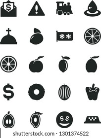 Solid Black Vector Icon Set - warning vector, children's train, peper, ripe peach, melon, half of mango, loquat, lemon, yellow, juicy, slice, pineapple, drop oil, denomination the dollar, gpu card