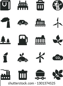 Solid Black Vector Icon Set - dust bin vector, bag with handles, apple stub, leaves, gas station, windmill, wind energy, manufacture, hydroelectric, hydroelectricity, forest, industrial building