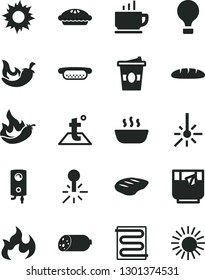 Solid Black Vector Icon Set - heating coil vector, temperature, boiler, coffee, sausage, loaf, mini hot dog, pie, porridge, chop, chili, coffe to go, a glass of tea, pepper, mercury thermometer, sun