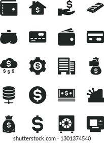 Solid Black Vector Icon Set - purse vector, buildings, big data server, strongbox, reverse side of a bank card, front the, denomination dollar, get wage, wallet, dollars, cash, cashbox, gold bar
