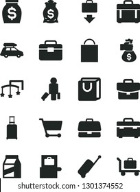 Solid Black Vector Icon Set - paper bag vector, toys over the cot, portfolio, suitcase, case, with handles, package, cart, briefcase, money, hand, car baggage, passenger, rolling, scanner, getting