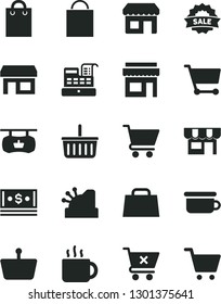 Solid Black Vector Icon Set - paper bag vector, grocery basket, children's potty, cart, crossed, kiosk, cup of tea, stall, shopping, antique advertising signboard, cash, hand, machine, cashbox, sale