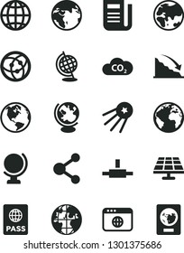 Solid Black Vector Icon Set - sign of the planet vector, globe, earth, passport, solar panel, CO2, connection, recession, newspaper, network, browser, connect, first satellite