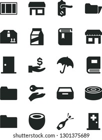 Solid Black Vector Icon Set - folder vector, book, window frame, door knob, ntrance, umbrella, drawer, cardboard box, package, canned goods, half of coconut, kiosk, stall, get a wage, arm with key