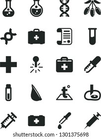Solid Black Vector Icon Set - first aid kit vector, plus, bag of a paramedic, medical, temperature, garlic, goji berry, round flask, mercury thermometer, research article, test tube, dna, pipette