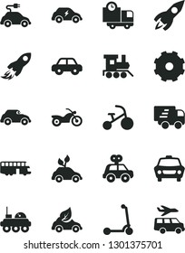 Solid Black Vector Icon Set - truck lorry vector, motor vehicle, present, baby toy train, tricycle, child Kick scooter, car, delivery, eco, environmentally friendly transport, electric, retro, space